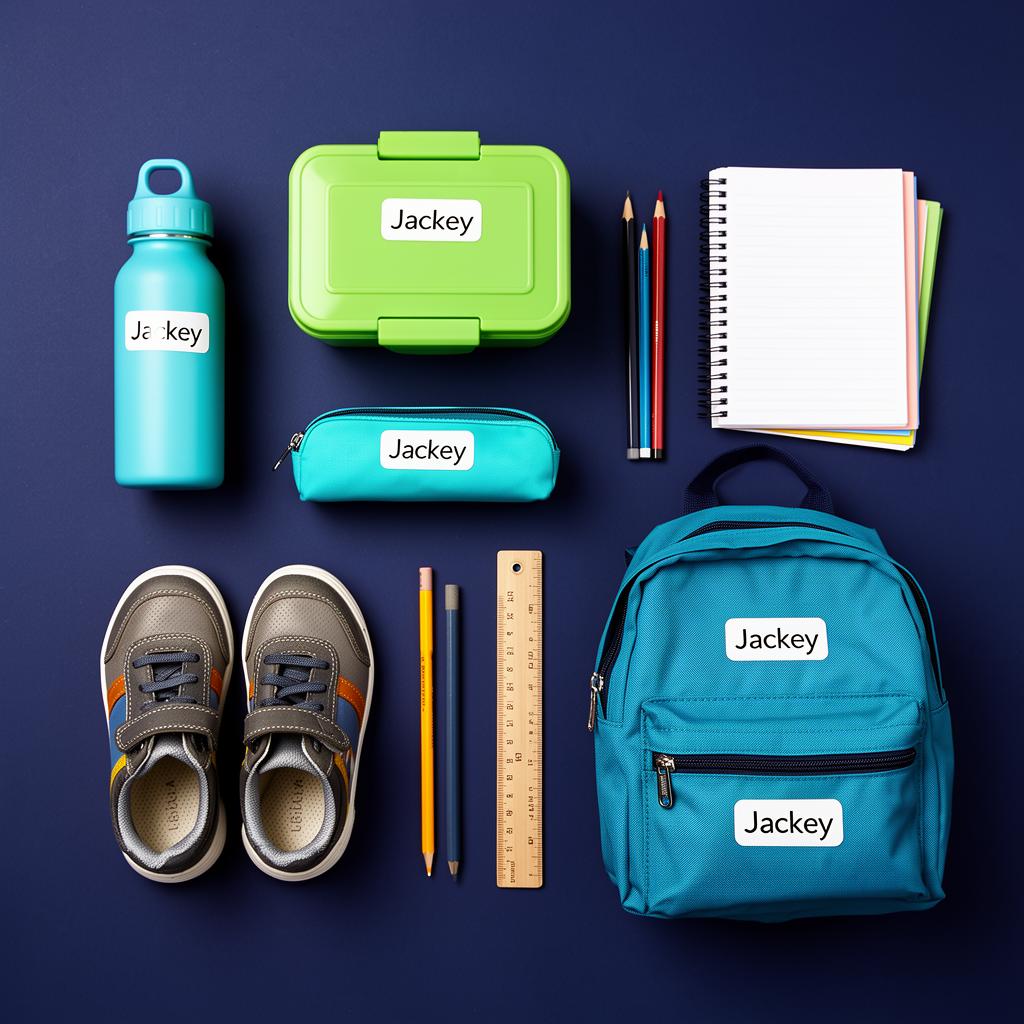 Labelled school belongings including backpack, lunchbox, water bottle and shoes