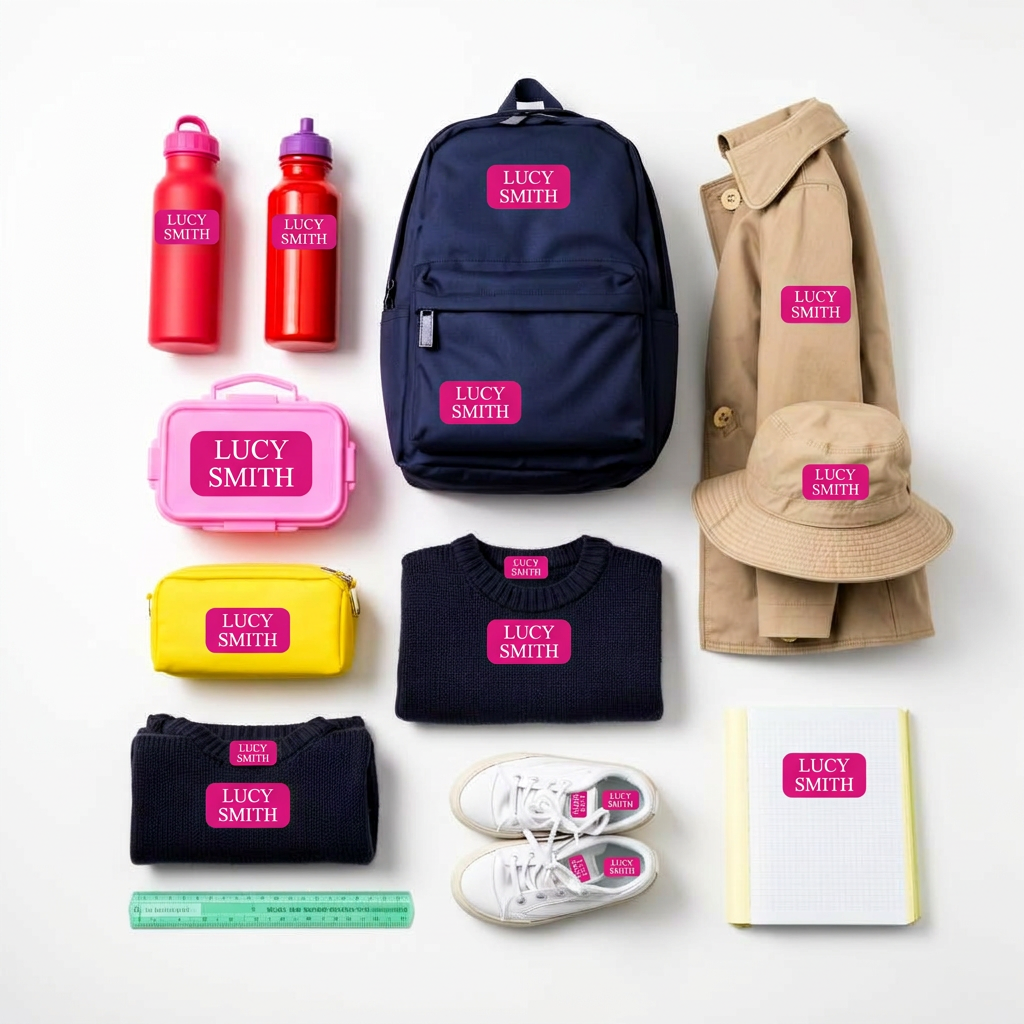 Colourful name labels spread on a desk with school supplies